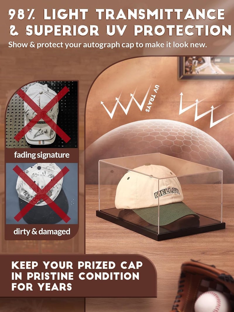 JupDec Hat Display Case, Clear Acrylic Baseball Cap Display Box Stand, UV Protection Signed Hat Transparent Showcase with Solid Wood Base Risers & Hat Shaper, Ideal Gift for Caps Collector, Black - Image 4